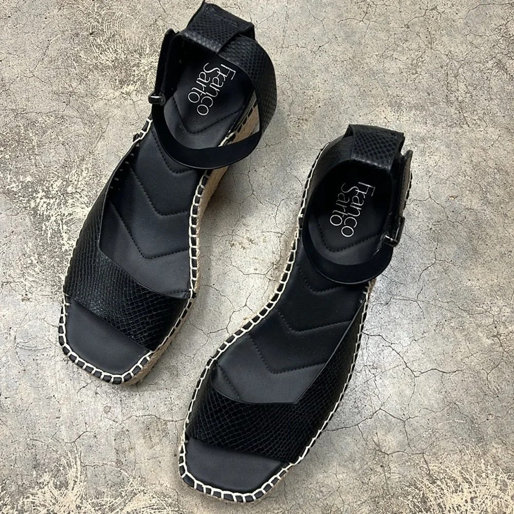 Franco Sarto black snake espadrille wedges